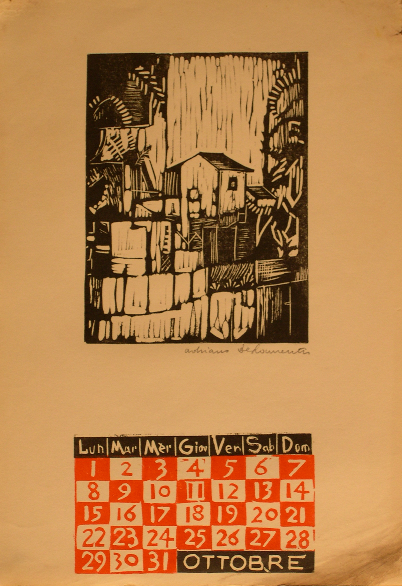 Calendario 1962 ottobre - Xilografia su Carta - 35x25 - 1962