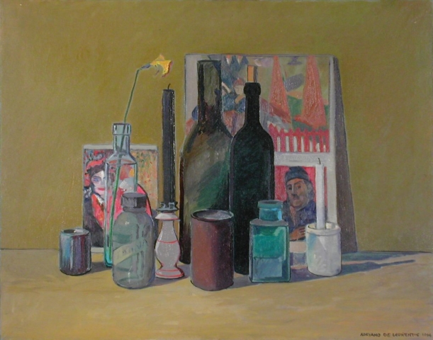 Bottiglie con Stampe - 1994 - Olio su Tela - 55,5x70